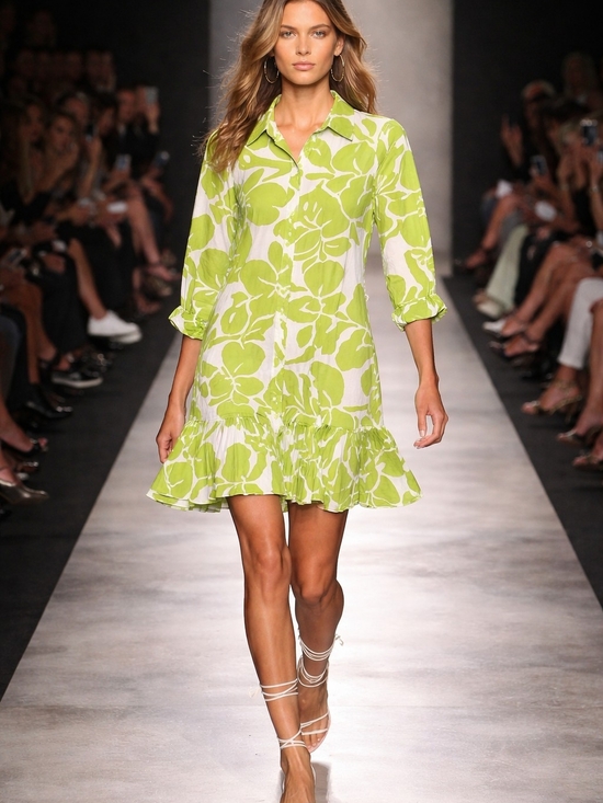 Cynthia Steffe Dresses & Skirts - Cynthia Steffe Lime Floral Ruffle-Hem Shirt Dress